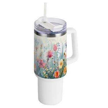 Imagem de xigua Copo vintage de flores silvestres de 1,134 g com alça e canudo, aço inoxidável duplo isolado a vácuo garrafa de água suporte de copo de garrafa de água amigável à prova de vazamento copo de