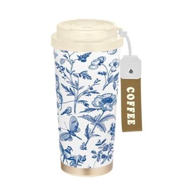Imagem de SEHANY Caneca de viagem de pássaro de flor branca azul 482 g Copos de café reutilizáveis revestidos de cerâmica com tampa à prova de vazamento, parede dupla, isolamento a vácuo, copo de café de aço