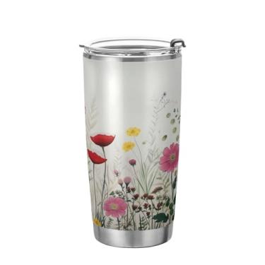 Imagem de xigua Copo de flores silvestres de jardim aquarela com tampa de palha, caneca de viagem a vácuo de parede dupla, caneca de café bem isolada, copo de aço inoxidável para bebidas quentes e frias, 600 ml