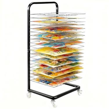 Imagem de Bielerude Estante de secagem de metal para pintura, 18 prateleiras removíveis, suporte de armazenamento de tela móvel para salas de aula, estúdios de arte, preto