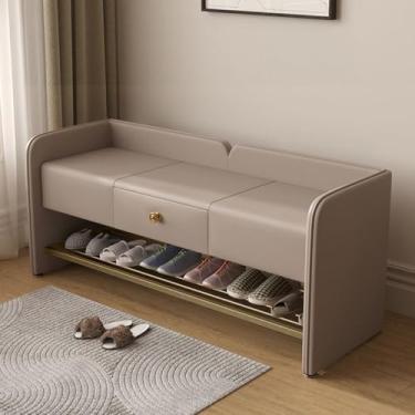 Imagem de Yadlan Banco de sapateira de entrada, banco acolchoado de couro, banco de sapato de base de aço inoxidável com armazenamento para corredor e quarto cinza claro 80 cm