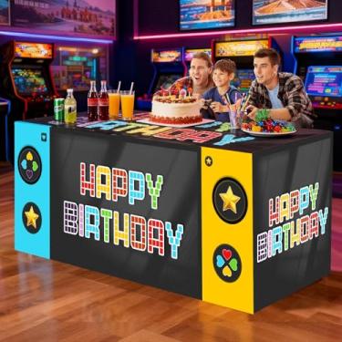 Imagem de Oudain Toalha de mesa com tema de videogame de 1,8 m, artigos de festa de aniversário, decoração de jogos, 182 x 76 cm, capa de mesa retrô, tecido lavável, capa de mesa retangular de poliéster