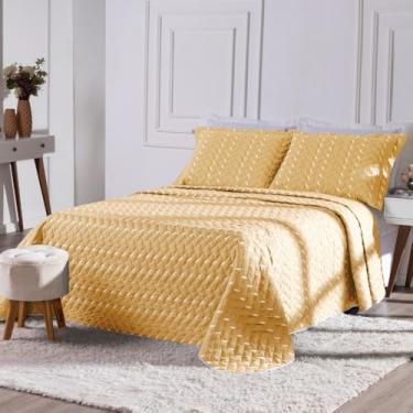 Imagem de Kit 3 Pçs Cobre Leito Casal Queen Heitor Hipercal 400 Fios Bordado Amarelo
