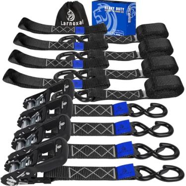 Imagem de Cintas de catraca pacote com 4 - 2,4 kg resistência à ruptura 3,8 cm x 8,2 pés tiras de amarração de catraca resistente com ganchos S conjunto para caminhão, van de carga, reboque, motocicleta (preto)