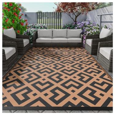 Imagem de SPXMQSS Tapetes de jardim ao ar livre, tapetes plásticos dobráveis para área externa, fácil de limpar, reversíveis para acampamento, deck, praia, piquenique, quintal, preto/marrom A 120 x 183 cm