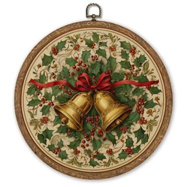 Imagem de WMSYUO Arte de parede redonda de Papai Noel, impressão em tela vintage de casa de fazenda, 25 x 25 cm, pintura clássica de Papai Noel para decoração de casa de Natal ou presente para amigos familiares