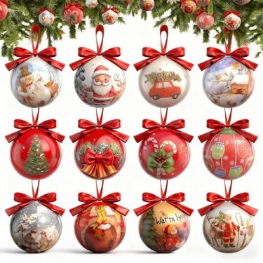 Imagem de 12 peças de enfeites de bola de árvore de Natal, decoração de Natal de 8 cm com desenhos de Papai Noel, boneco de neve e rena, bolas de Natal inquebráveis para decoração de árvore de Natal, decoração
