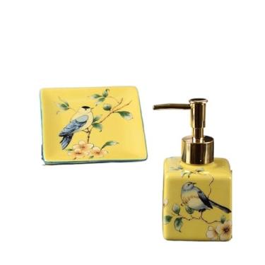 Imagem de Dispensador de sabão Conjunto criativo de banheiro em cerâmica com duas peças, incluindo dispensador de sabonete quadrado e saboneteira.(Yellow)