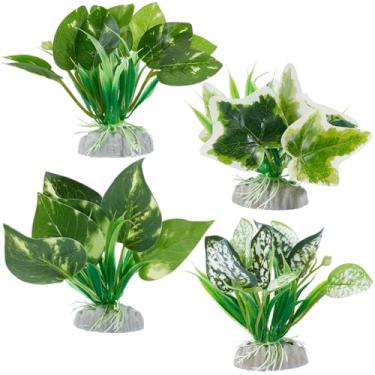 Imagem de GORGECRAFT 4 peças, 4 estilos, tigela de peixe, plantas de plástico, grama, verde, artificial, peixinhos dourados, pequenas tartarugas betta, decorações de aquário para aquários de peixes, micro
