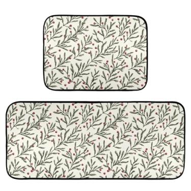 Imagem de Wassud Tapetes de cozinha de Natal folhas de azevinho tapetes de cozinha decoração de casa acolchoados antifadiga tapetes de banho antiderrapantes laváveis essenciais de cozinha conjunto de 2
