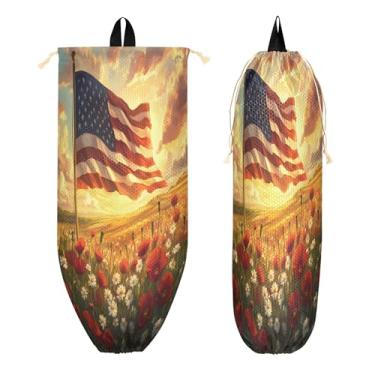 Imagem de xigua Suporte de parede para saco plástico da bandeira americana com cordão 1 pacote, organizador de sacolas de supermercado reutilizável para bolsas, meias, roupas íntimas e gravatas
