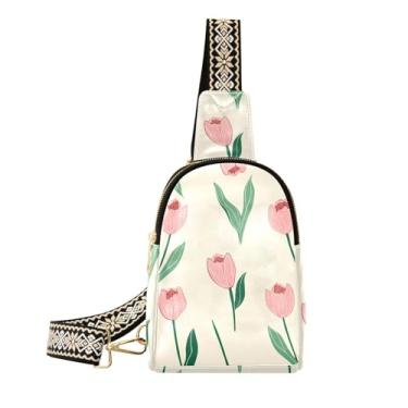 Imagem de CEBUGI Tulip Flowers Bolsa tiracolo pequena para mulheres, pochete transversal de couro, bolsa de peito para caminhadas, viagens ao ar livre