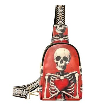 Imagem de CEBUGI Bolsa tiracolo feminina com corações de caveira pequena de couro, bolsa de peito para caminhadas, viagens ao ar livre