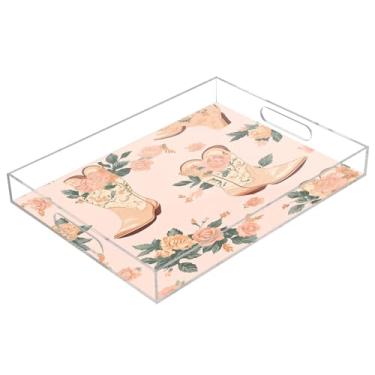 Imagem de STAYTOP Bandeja de servir de acrílico Cowgirl Boots com rosas, 15,7 x 11,20 cm, bandejas decorativas à prova de derramamento, organizador de bancada para café da manhã, chá, comida, maquiagem
