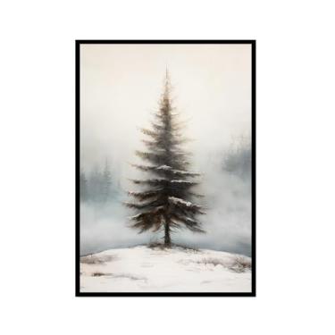 Imagem de Pôster de paisagem de Natal inverno fazenda alce pinhas boneco de neve natureza pintura em tela impressão de parede decoração de sala de estar (SKU3,20,3x30,5 cm = (20x30 cm), moldura preta)