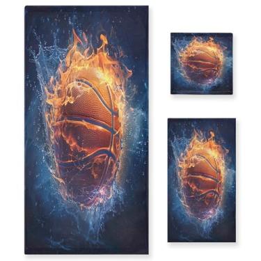 Imagem de xigua Conjunto de toalhas de banheiro de basquete água e fogo absorvente macio 3 peças toalha de banho toalha de mão toalhas decorativas para banheiro, academia, hotel, praia, piscina