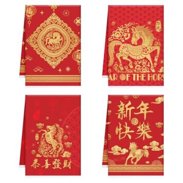 Imagem de InIsaJace Toalhas de cozinha Ano do cavalo, 4 peças de toalhas de prato de ano novo chinês para limpeza de cozinha, toalha de chá absorvente de ano novo lunar com laço para pendurar para decoração de