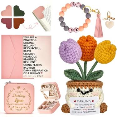 Imagem de Presente de boneca tulipas de crochê para amantes - vaso de flores de apoio emocional com cartão, estojo de joias de viagem, chaveiro de pulso, marcador, cartão de agradecimento - presentes positivos