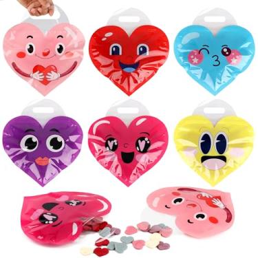 Imagem de POPGIFTU Pacote com 60 sacos de guloseimas de Dia dos Namorados com fecho de zíper e alças, sacos de plástico durável para doces em 6 lindos designs de amor para crianças, presentes de sala de aula e