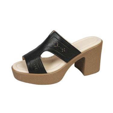 Imagem de Sandálias femininas casuais de verão com uma tira aberta e salto alto grosso, Preto, 38