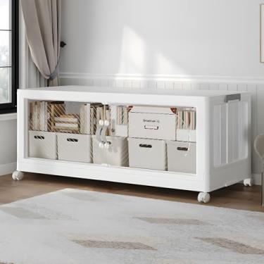 Imagem de QAVABIN Caixas de armazenamento dobráveis de 30 litros com rodas, organizador de armário de plástico, caixa de armário empilhável extra grande com tampa para quarto, organização doméstica, branco, 1