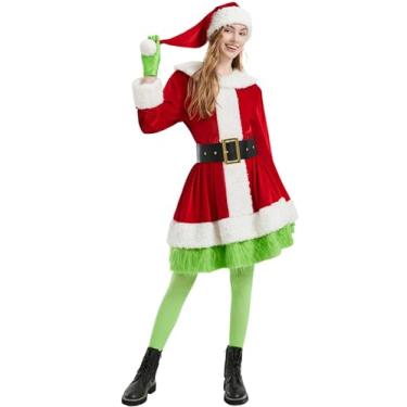 Imagem de Boveco Vestido de Natal para mulheres, 5 peças, fantasia peluda, roupas de senhora noel, com cinto de chapéu para Natal, 2GG