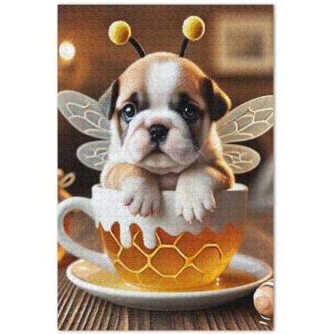 Imagem de Quebra-cabeça de buldogue abelha fofo filhote de cachorro 1000 peças para adultos, quebra-cabeça divertido paisagem boba, pintura de arte animal, 75 x 40 cm