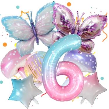 Imagem de 8 balões de borboleta, cogumelo, estrela, feliz aniversário redondo e balão colorido número 6 de 101 cm para decoração de festa de 6º aniversário de meninas Fariy. (6º)