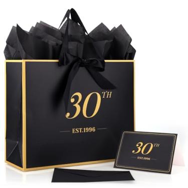 Imagem de Saco Presente 30º Aniversário com Cartão Envelope Fita & Papéis Seda para Homens Mulheres, EST.1996 30 Anos Aniversário Lembrança Party Favor Sacolas para Presentes Embalagem (Preto Ouro)