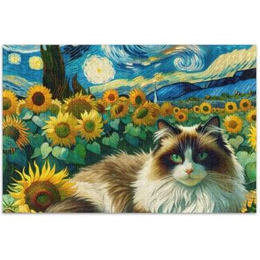 Imagem de Ragdoll Quebra-cabeça gato noite estrelada girassol para adultos 1000 peças decoração de pintura animal personalizado família divertido quebra-cabeças elefante branco presentes engraçados, 75 x 40
