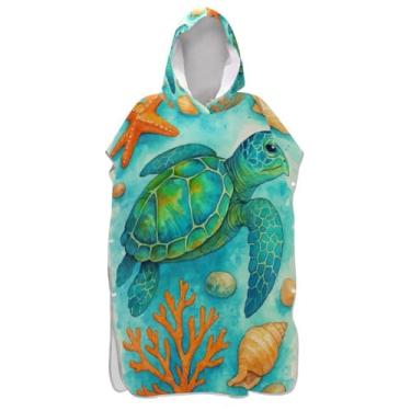 Imagem de Toalha de praia com capuz de estrela do mar em aquarela de secagem rápida para adultos roupão de mudança de banho, tamanho único