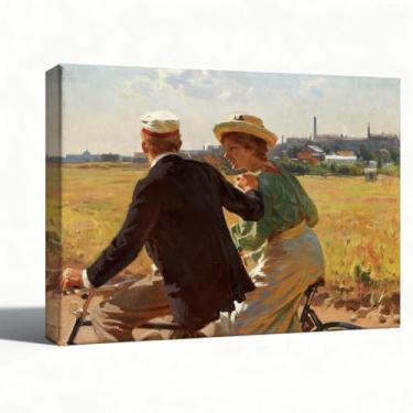 Imagem de Arte de parede em tela, paisagem de casal de bicicleta vintage, impressão de pintura a óleo impressionista, decoração de parede de casa de fazenda para sala de estar corredor escritório, tela esticada