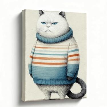 Imagem de Arte de parede em tela de gato, estampa de suéter listrado de gatinho branco rabugento, pôster moderno minimalista, decoração de quarto de berçário, presente engraçado para amantes de gatos, 20 x 25