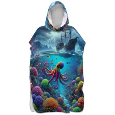 Imagem de Joisal Roupão tropical polvo que muda de mar para adultos, poncho de surfe, com capuz, toalha de natação com capuz, poncho masculino fofo absorvente com capuz