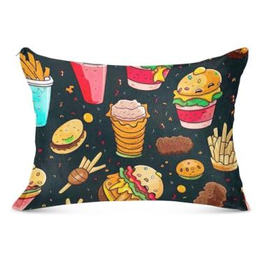 Imagem de Art Fries Hambúrguer Food Print Flanela Fronhas Decorativas Padrão Queen King Body Size Travesseiros Brilhantes para Cama de Casa Sofá, Tamanho Queen, 50,8 cm x 76,2 cm