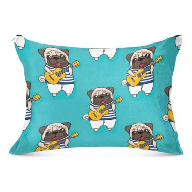Imagem de Capa de almofada Pug tocando guitarra felpuda com zíper linda estampa padrão king queen size fronhas para travesseiro de corpo de cama, tamanho padrão, 50,8 cm x 66 cm