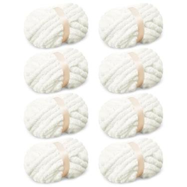 Imagem de Pacote com 8 fios de chenille cremosos grossos para crochê, fio de pelúcia jumbo macio para tricô à mão, fio volumoso grosso e fofo para tricô de braço (28 jardas/241 g cada novelo)