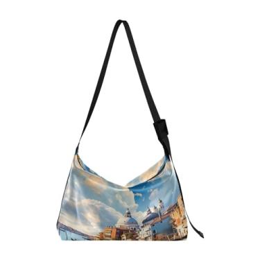 Imagem de GAIGEO Bolsa tiracolo de couro Lighthouse and Boats, bolsa tiracolo feminina, bolsa grande com zíper e bolsos, Edifícios e casas na água 2, One Size