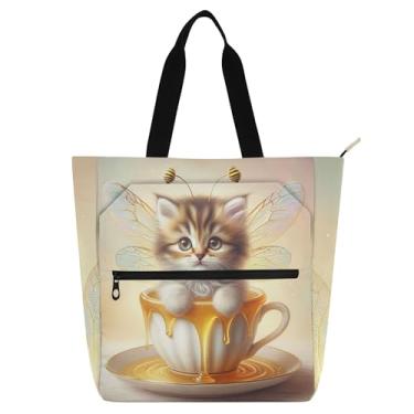 Imagem de Linda bolsa de trabalho feminina gatinho mel abelha bolsa de trabalho lona praia livro bolsa zíper professores bolsas amantes livros presentes