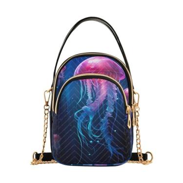 Imagem de GAIGEO Bolsa tiracolo feminina em aquarela pêssego, bolsa tiracolo leve com alça removível, Água-viva azul no oceano com luzes neon - 3, One Size