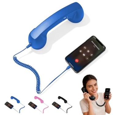 Imagem de Aparelho de telefone retrô, aparelho de telefone retrô para telefone, tipo C, estilo retrô, com fio, receptor de alça fixa para videoconferências, chamadas e reuniões (azul)