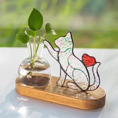 Imagem de Hewory Estações de propagação de gatos feitas à mão: Vaso de vaso iridescente para gatos com suporte de madeira para decoração de mesa para mulheres amantes de plantas
