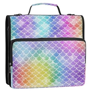 Imagem de Fichários personalizados com 3 anéis de 3 anéis resistentes e coloridos escamas de peixe arco-íris com zíper organizador de pasta de armazenamento com alça escolar bolsa de fichário com alça de ombro