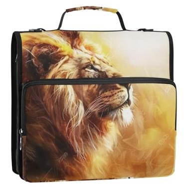 Imagem de Fichários com 3 anéis de pintura de leão, 3 anéis, fichário D de 3,8 cm, fichário organizador com zíper, com alça, bolsa escolar de ensino médio com alça