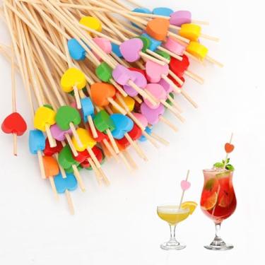 Imagem de Palitos de coquetel de coração, 100 palitos de dente para aperitivos, 11 cm colorido coração extravagante picaretas para comida, sanduíche de comida de bambu, bebida, sobremesa, para dia dos namorados