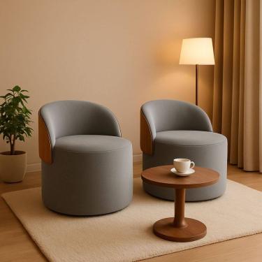 Imagem de Kit 2 Puff Curvo Com Encosto Redondo Orgânico Sala Confortável Resistente Composé Suede Corino