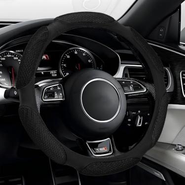 Imagem de Ongfuwu Capa de volante de carro, protetor de couro antiderrapante universal para 38 cm, com almofada de mão macia, respirável e confortável, acessórios internos para carros (preto)