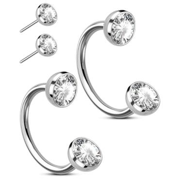 Imagem de OUFER 2 argolas de nariz de aço cirúrgico 316L com pedras duplas, 20 g anéis de nariz de ferradura sem rosca para mulheres e homens, hélice de sobrancelha para lábio de septo, joia piercing de torre