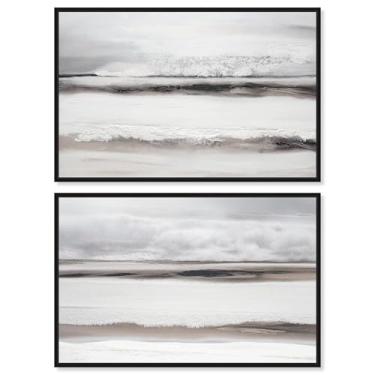 Imagem de Conjunto de 2 arte de parede de sala de estar com impressão em tela de luxo neutro por Art Remedy, moldura preta, 38 x 25 cm