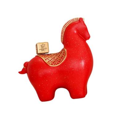 Imagem de FLCPJGV Escultura de Cavalo - Lembrança do Ano do Cavalo - Decoração Feng Shui para Mesa, Estante e Lareira, Vermelho, com Xi Palavra